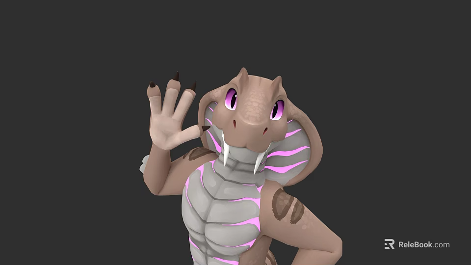 Cartoon Reptile 3D Model Brown Body Pink Stripes Purple Eyes Waving Hand Smiling Expression 3d model 
