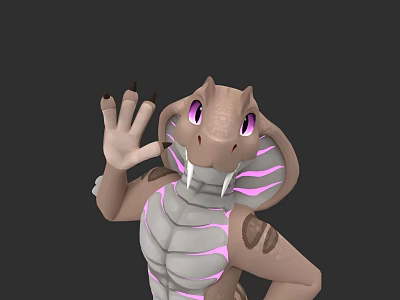 Cartoon Reptile 3D Model Brown Body Pink Stripes Purple Eyes Waving Hand Smiling Expression 3d model