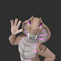 Cartoon Reptile 3D Model Brown Body Pink Stripes Purple Eyes Waving Hand Smiling Expression