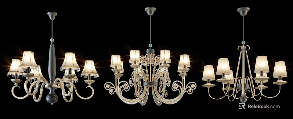 Elegant Classic Chandelier With Multiple Arms And White Lampshades Intricate Scroll Design Metallic Frame 3d model 