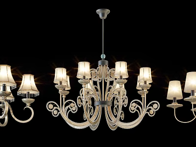 Elegant Classic Chandelier With Multiple Arms And White Lampshades Intricate Scroll Design Metallic Frame 3d model