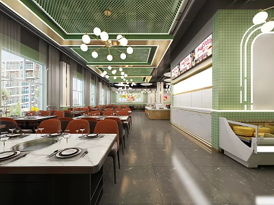 Modern Hotpot Restaurant Interior With Green Tile Walls Hanging Lights And Dining Seats 3d model