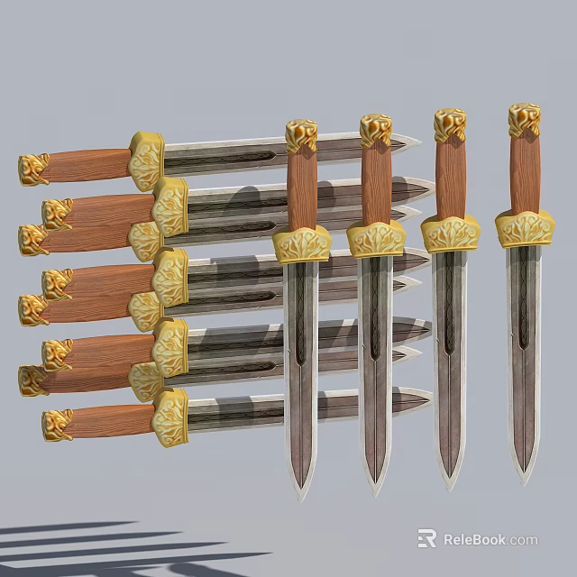 Ornate Daggers With Wooden Handles Gold Accents And Polished Metal Blades 3d model 
