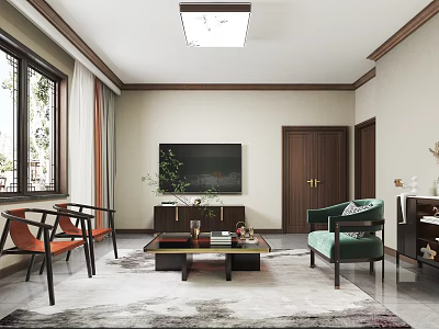 Modern Living Room Interior With Orange Armchairs Green Sofa Coffee Table TV And Rug 3d model