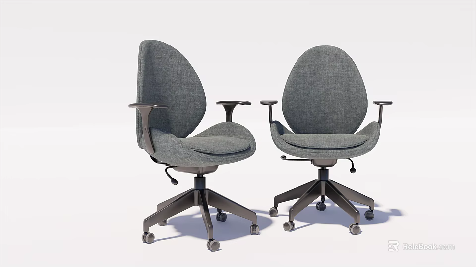 Two Gray Fabric Office Chairs With Armrests And Swivel Wheels Design 3d model 