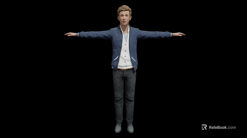 Game Movie Character In Blue Jacket White Shirt Gray Pants Arms Outstretched On Black Background 3d model 