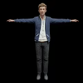 Game Movie Character In Blue Jacket White Shirt Gray Pants Arms Outstretched On Black Background