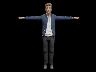 Game Movie Character In Blue Jacket White Shirt Gray Pants Arms Outstretched On Black Background 3d model