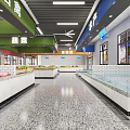 Supermarket Department Store Interior With Fresh Produce Meat Counter And Grocery Shelves