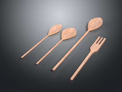 Wooden Kitchen Utensils with Spoons and Fork for Daily Household Use 3d model