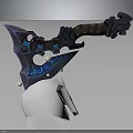Glowing Fantasy Axe with Purple Blue Blade Mechanical Details and Brown Handle on White Stand