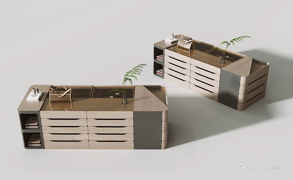 Modern Interior Design Featuring Wooden Island With Drawers And Potted Plant 3d model 