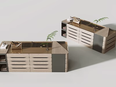 Modern Interior Design Featuring Wooden Island With Drawers And Potted Plant 3d model