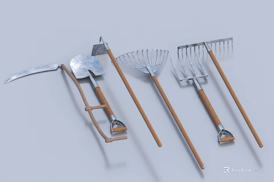 Essential Garden Tools Collection With Wooden Handles And Metal Heads 3d model 