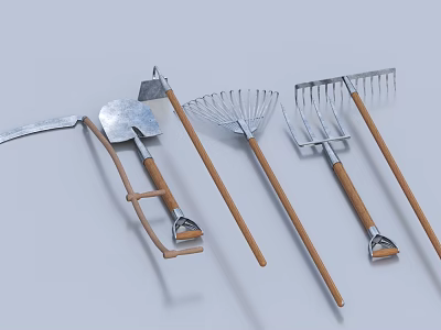 Essential Garden Tools Collection With Wooden Handles And Metal Heads 3d model