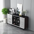 Modern Sideboard With Drawers Glass Doors Coffee Machine Flower Vase And Decorative Painting