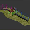 Barbed Wire Fence with Metal Gate Frame and Concrete Base on Grass Ground
