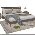 Wooden Double Bed with Pillows Striped Blanket Side Nightstands Table Lamp Vase Rug Fruits Book