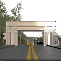 Traditional Stone Entrance Gate With Trees Along Road And Cars Near Pedestrians