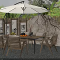 Outdoor Table With White Umbrella Bamboo Fence Decorative Paintings And Tea Set