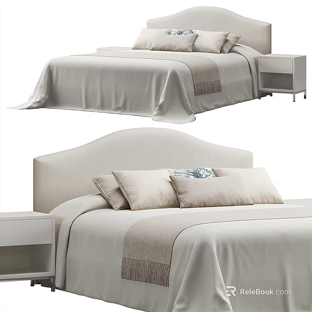 Modern Minimalist Double Bed Interior With Upholstered Headboard Light Linen Bedspread And Nightstand 3d model 
