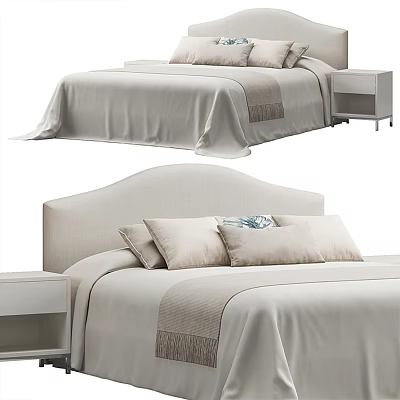 Modern Minimalist Double Bed Interior With Upholstered Headboard Light Linen Bedspread And Nightstand 3d model