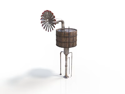 Vintage Windmill Wooden Barrel Structure With Metal Stand And Spiral Blades 3d model