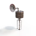 Vintage Windmill Wooden Barrel Structure With Metal Stand And Spiral Blades