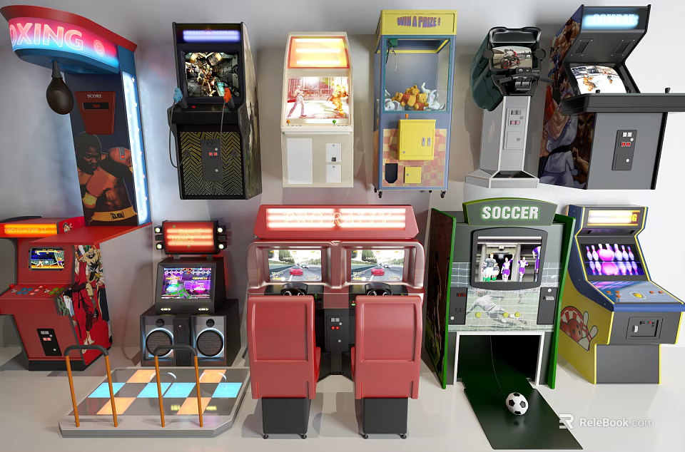 Various Entertainment Appliances Including Arcade Machines Soccer Games Racing Consoles And Claw Machines 3d model 