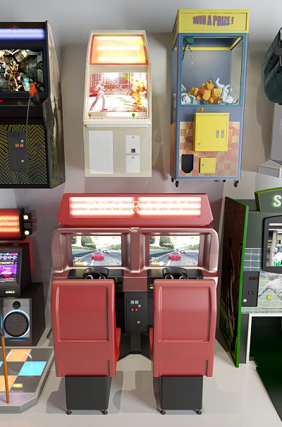 Various Entertainment Appliances Including Arcade Machines Soccer Games Racing Consoles And Claw Machines 3d model