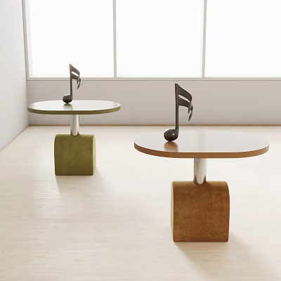 Modern Round Side Tables With Square Green Brown Bases And Music Note Decor 3d model