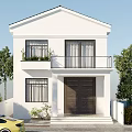 Two Story White Detached Villa Exterior With Garage Door Front Steps Trees And Yellow Car