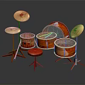 Professional Wooden Drum Set With Red Stands Gold Cymbals And Red Stool