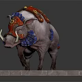 Fantasy Decorated Boar With Red Gold Armor Blue Ornaments White Tusks On Patterned Stone Platform