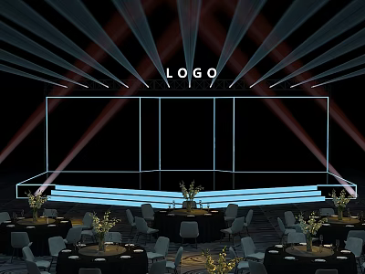 Event Stage Setup With Logo Screen Lighting Beams Tables And Flower Vases 3d model
