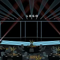 Event Stage Setup With Logo Screen Lighting Beams Tables And Flower Vases
