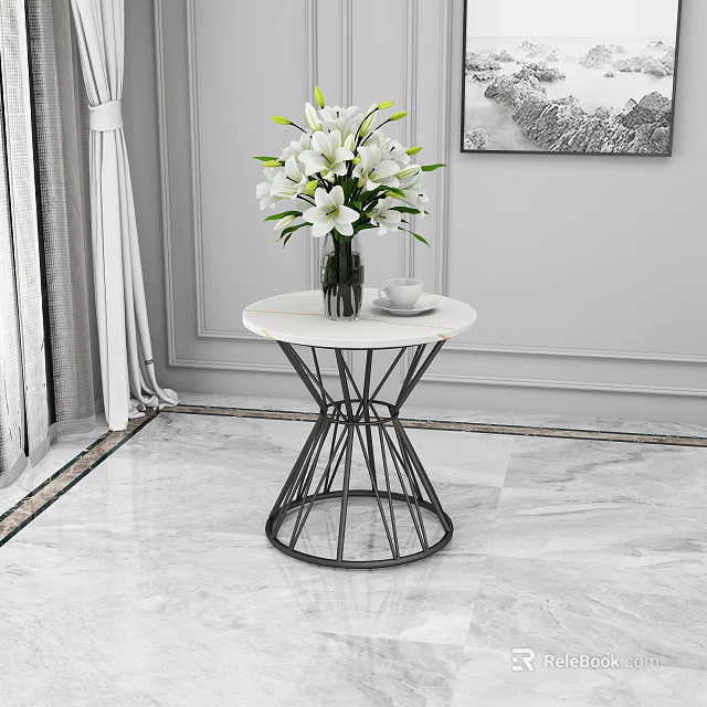 Modern Marble Top Side Table With Black Metal Base White Flowers And Small Cup 3d model 