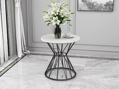 Modern Marble Top Side Table With Black Metal Base White Flowers And Small Cup 3d model