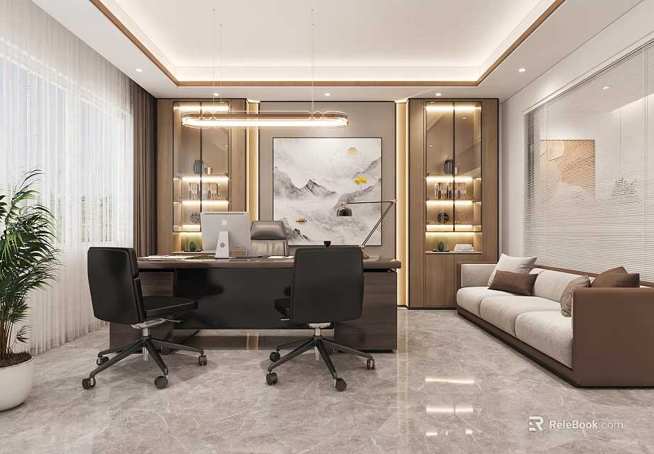 Modern Office Interior Design With Desk Office Chairs Sofa And Artwork 3d model