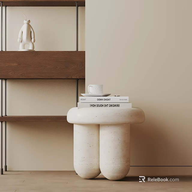 Modern White Side Table With Cylindrical Design And Stacked Books Plus Coffee Cup 3d model