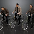 Three Men Riding Vintage Bicycles In Dark Coats Against Gray Background