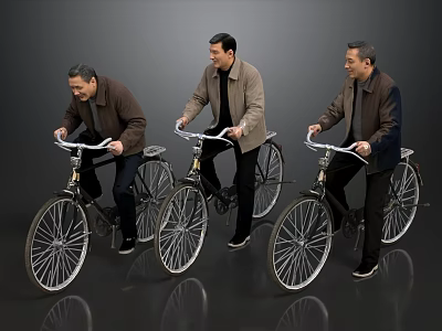 Three Men Riding Vintage Bicycles In Dark Coats Against Gray Background 3d model