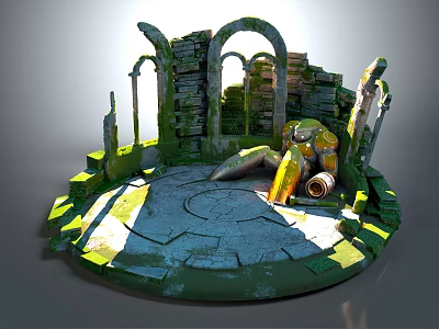 Cartoon Round Ruins Scene with Ancient Stone Arches Pillars Yellow Mechanical Part and Mossy Ground 3d model