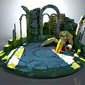 Cartoon Round Ruins Scene with Ancient Stone Arches Pillars Yellow Mechanical Part and Mossy Ground