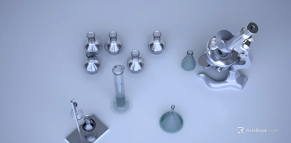 Transparent And Silver Laboratory Glassware With Beakers Flasks Cylinder Funnel And Microscope 3d model 