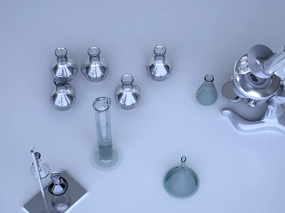 Transparent And Silver Laboratory Glassware With Beakers Flasks Cylinder Funnel And Microscope 3d model