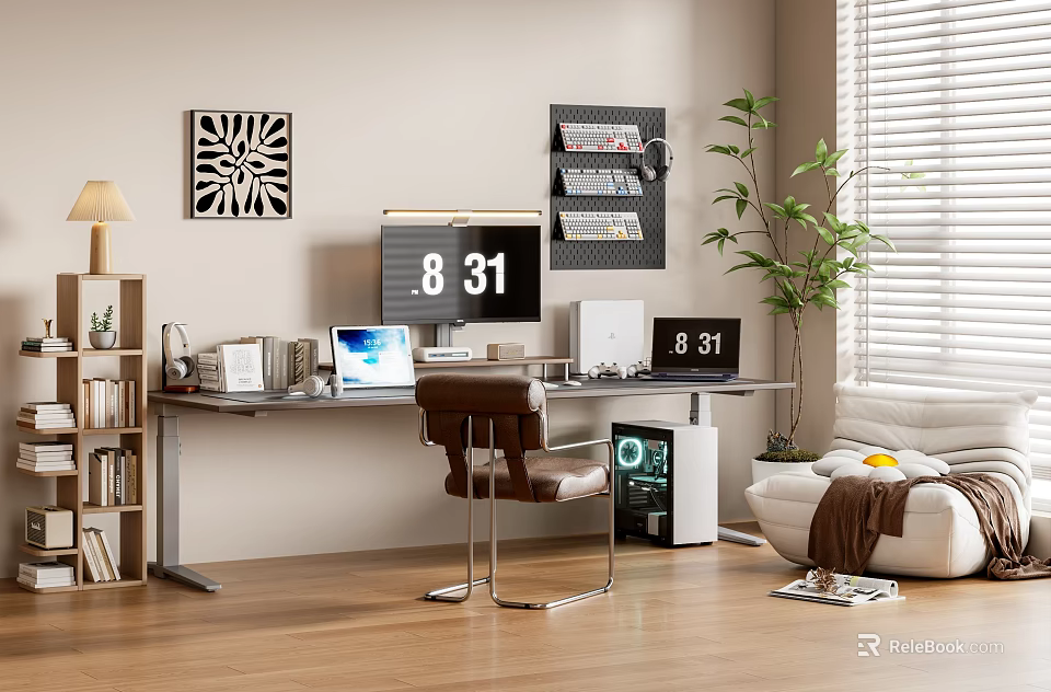 Modern Desk Setup With Laptop Digital Clock Bookshelf Plant Chair And Window Blinds 3d model 