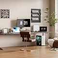 Modern Desk Setup With Laptop Digital Clock Bookshelf Plant Chair And Window Blinds