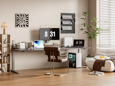 Modern Desk Setup With Laptop Digital Clock Bookshelf Plant Chair And Window Blinds 3d model