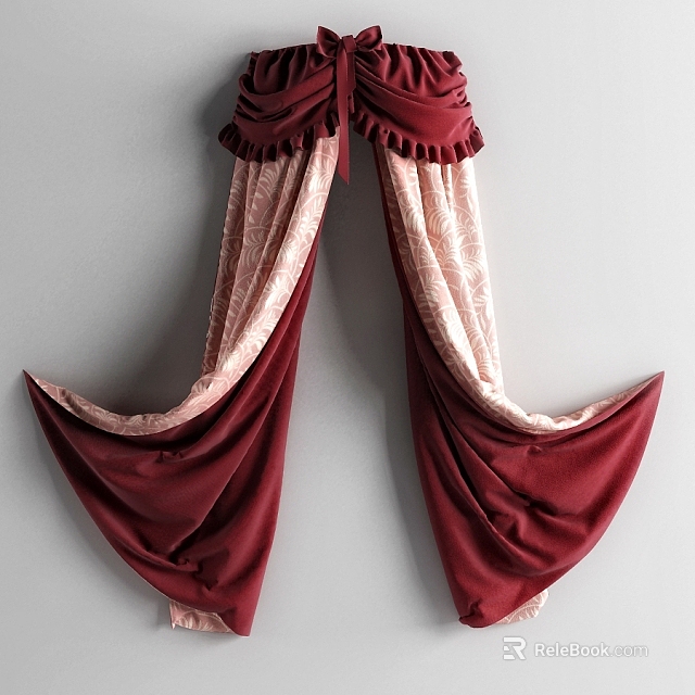 Red Bed Canopy With Pleated Design And Light Colored Inner Layer Drapery 3d model 